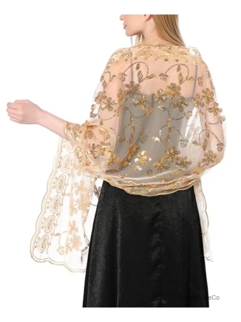 1920s Sequin Flower Sheer Chiffon Shawl Wrap Evening Dress Scarf